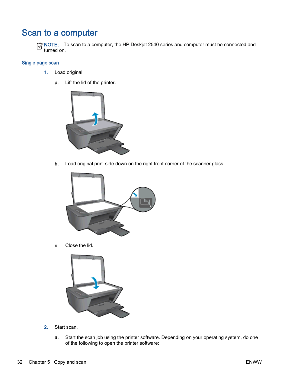 Scan to a computer | HP Deskjet 2540 All-in-One Printer User Manual | Page 36 / 102