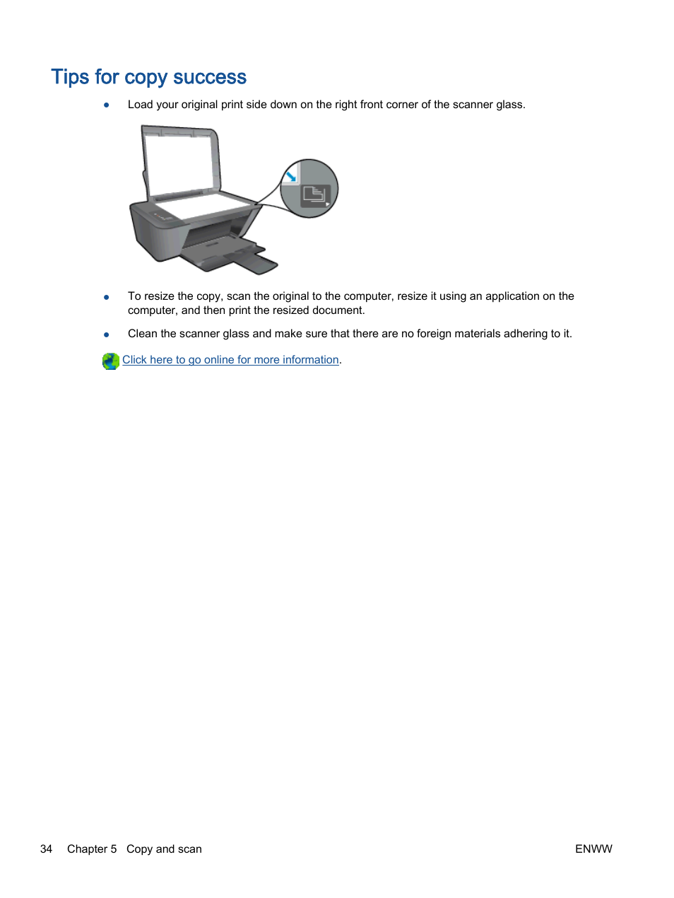 Tips for copy success | HP Deskjet 2540 All-in-One Printer User Manual | Page 38 / 102