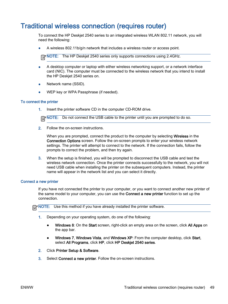 Traditional wireless connection (requires router) | HP Deskjet 2540 All-in-One Printer User Manual | Page 53 / 102