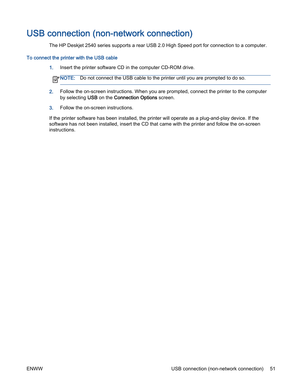 Usb connection (non-network connection) | HP Deskjet 2540 All-in-One Printer User Manual | Page 55 / 102