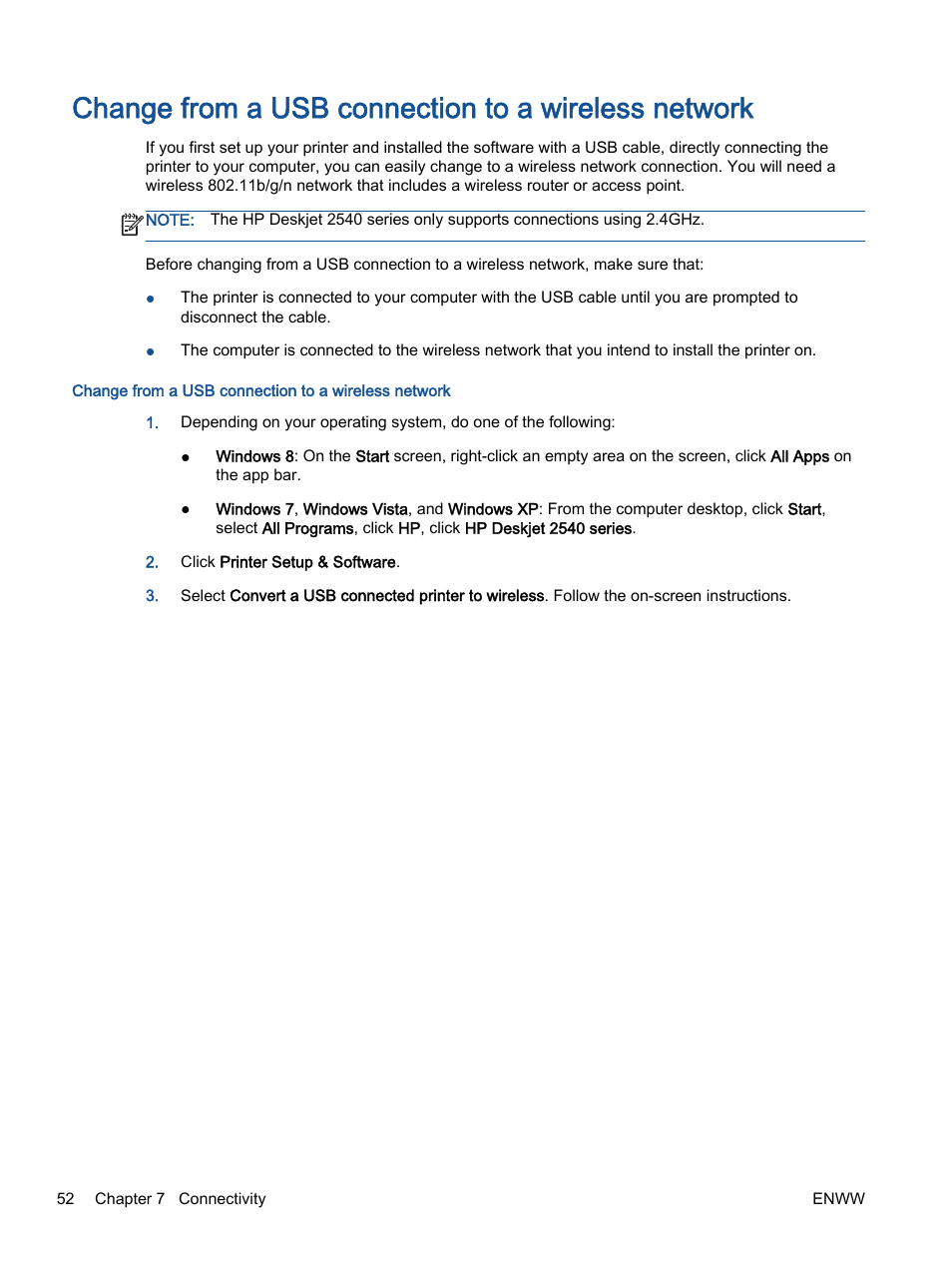 Change from a usb connection to a wireless network | HP Deskjet 2540 All-in-One Printer User Manual | Page 56 / 102