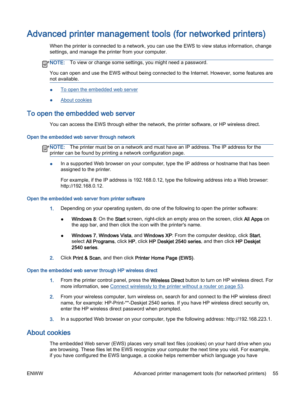 To open the embedded web server, About cookies | HP Deskjet 2540 All-in-One Printer User Manual | Page 59 / 102