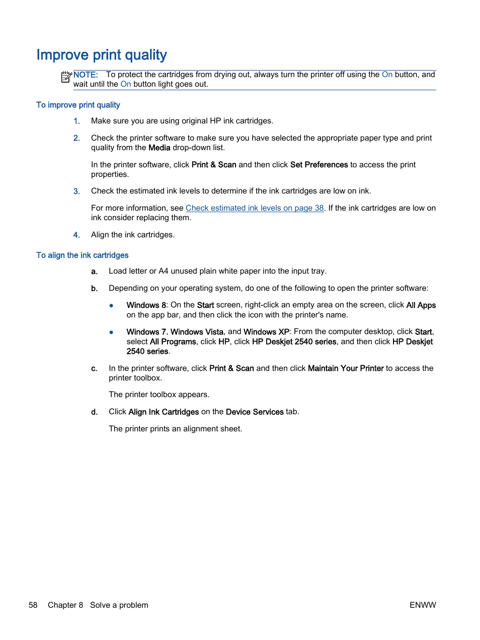 Improve print quality | HP Deskjet 2540 All-in-One Printer User Manual | Page 62 / 102