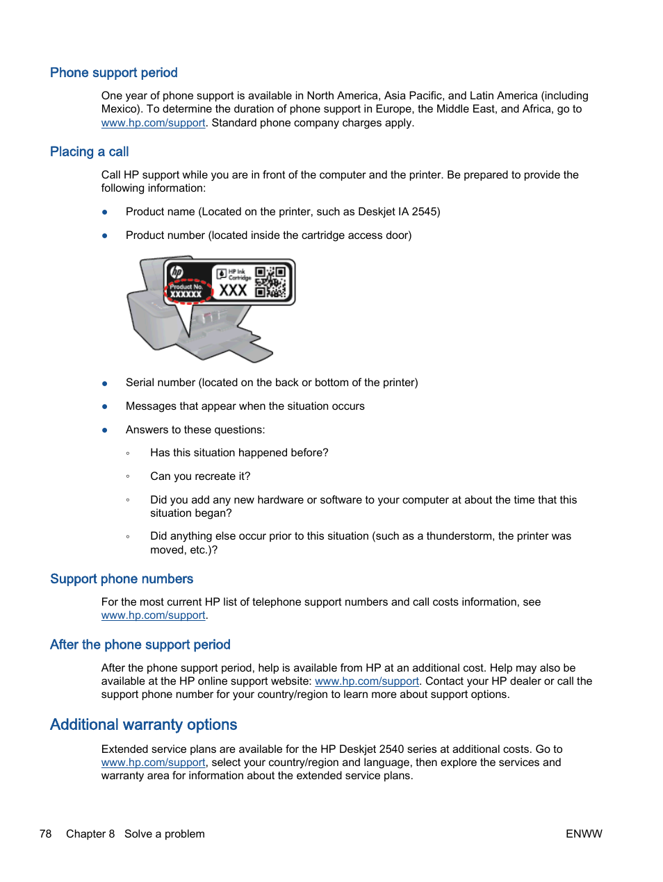 Phone support period, Placing a call, Support phone numbers | After the phone support period, Additional warranty options | HP Deskjet 2540 All-in-One Printer User Manual | Page 82 / 102