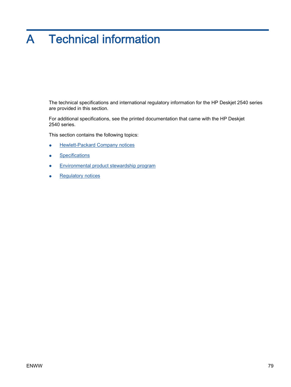 Technical information, Appendix a technical information, A technical information | HP Deskjet 2540 All-in-One Printer User Manual | Page 83 / 102