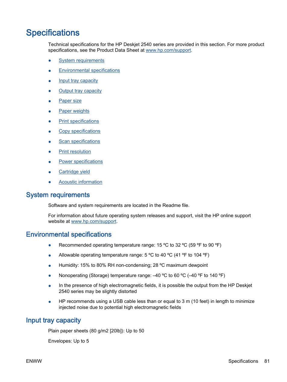 Specifications, System requirements, Environmental specifications | Input tray capacity | HP Deskjet 2540 All-in-One Printer User Manual | Page 85 / 102