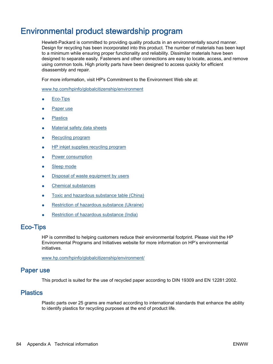 Environmental product stewardship program, Eco-tips, Paper use | Plastics | HP Deskjet 2540 All-in-One Printer User Manual | Page 88 / 102