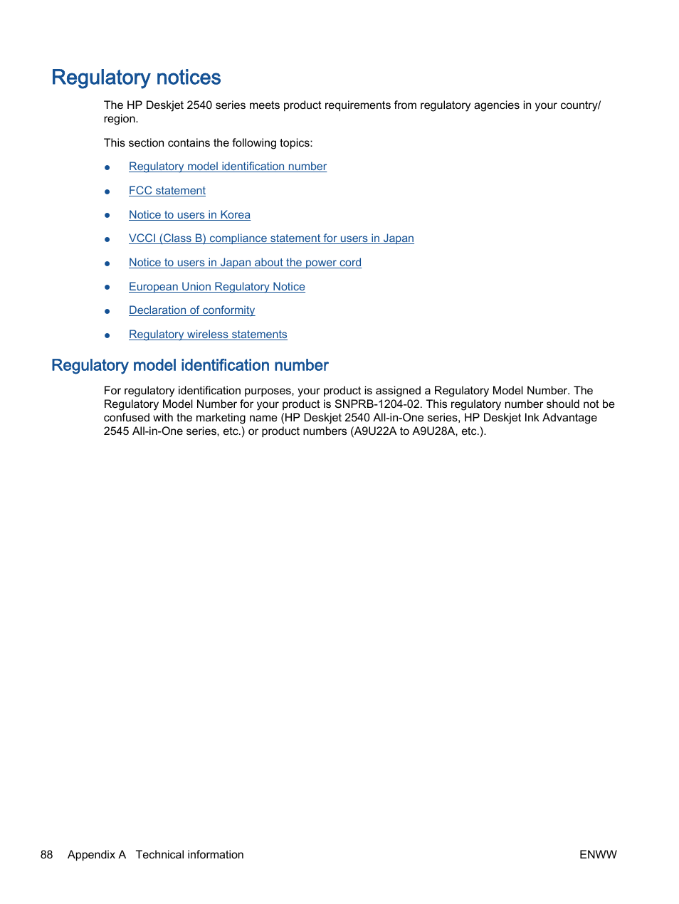 Regulatory notices, Regulatory model identification number | HP Deskjet 2540 All-in-One Printer User Manual | Page 92 / 102