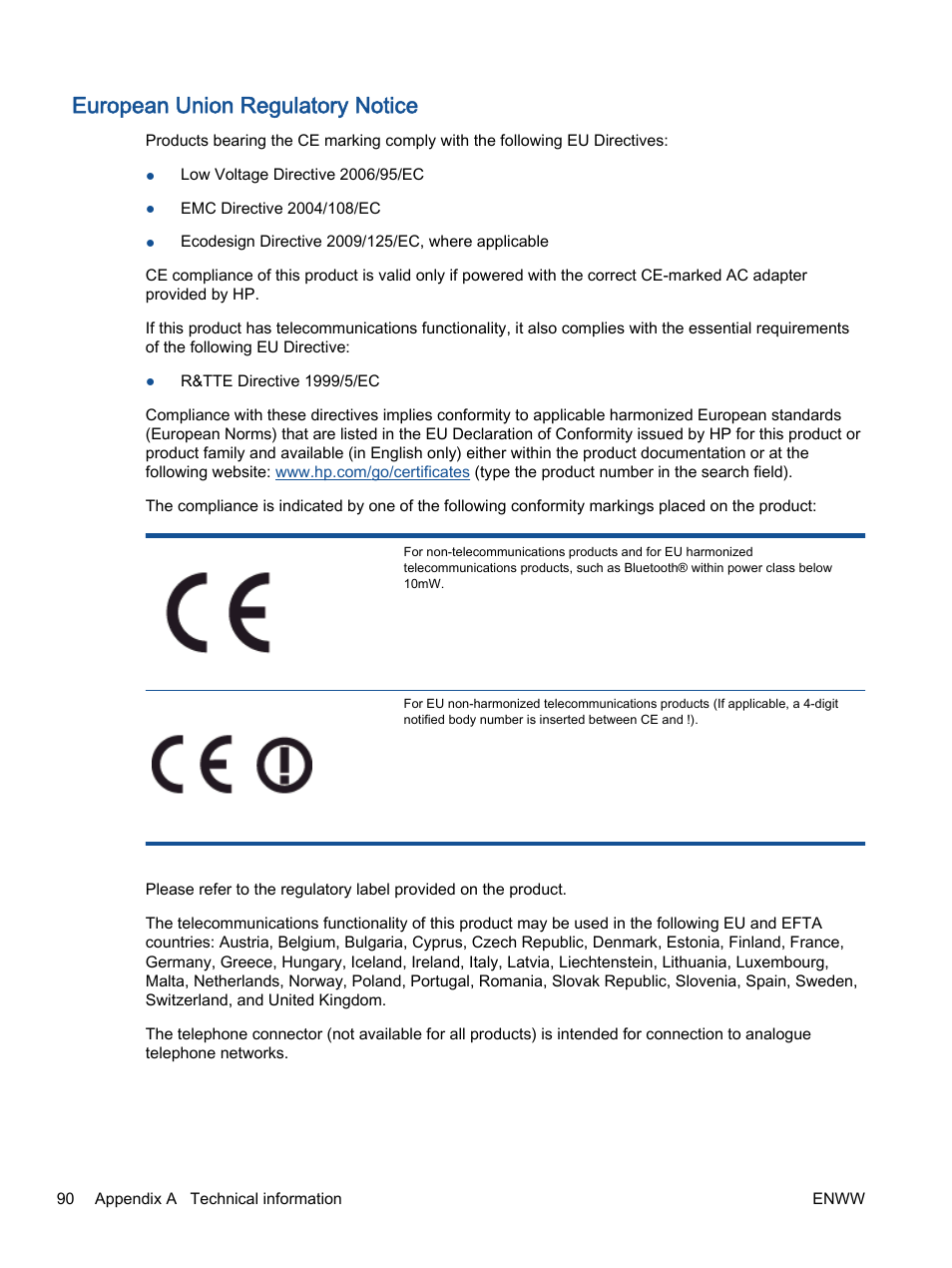 European union regulatory notice | HP Deskjet 2540 All-in-One Printer User Manual | Page 94 / 102