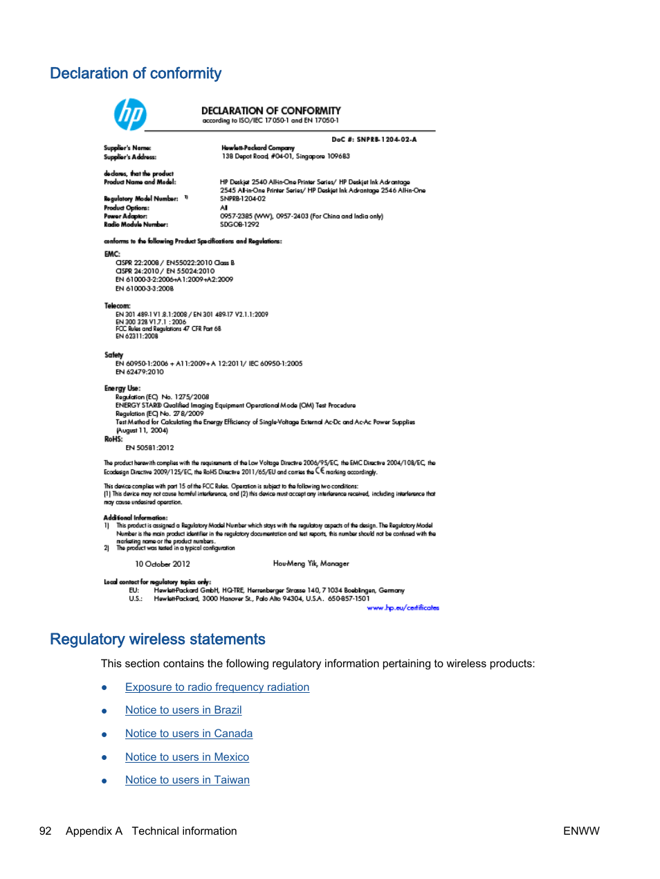 Declaration of conformity, Regulatory wireless statements | HP Deskjet 2540 All-in-One Printer User Manual | Page 96 / 102