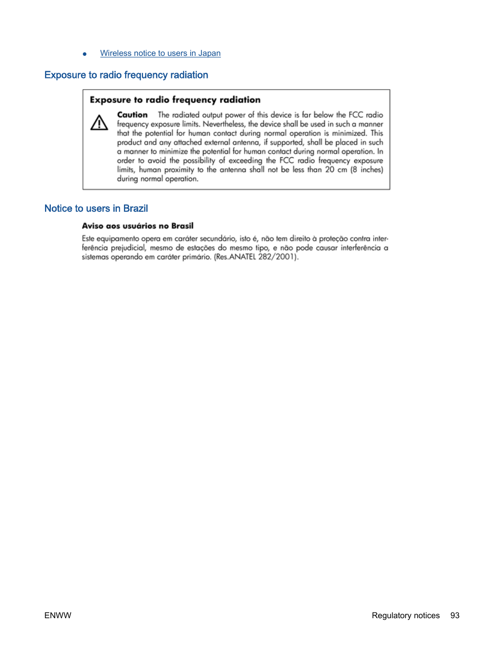 Exposure to radio frequency radiation, Notice to users in brazil | HP Deskjet 2540 All-in-One Printer User Manual | Page 97 / 102