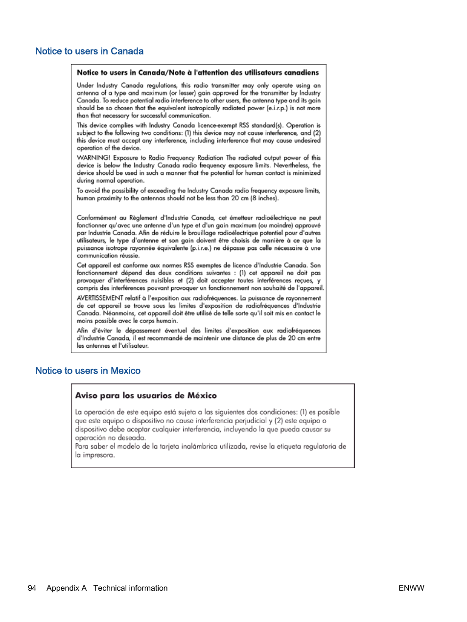 Notice to users in canada, Notice to users in mexico | HP Deskjet 2540 All-in-One Printer User Manual | Page 98 / 102