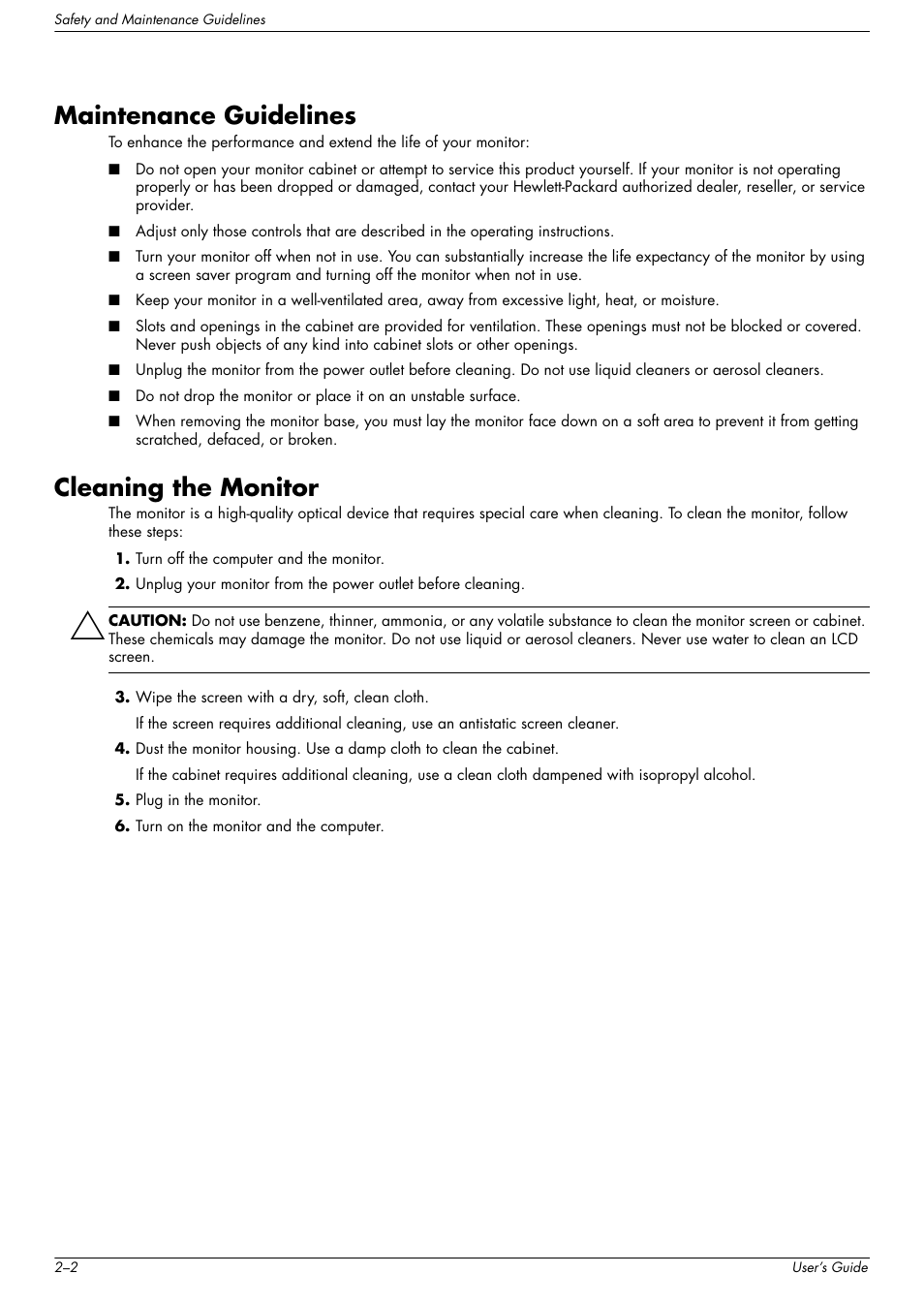 Maintenance guidelines, Cleaning the monitor, Maintenance guidelines –2 cleaning the monitor –2 | HP w2216h 21.6 inch Widescreen LCD Monitor User Manual | Page 10 / 56