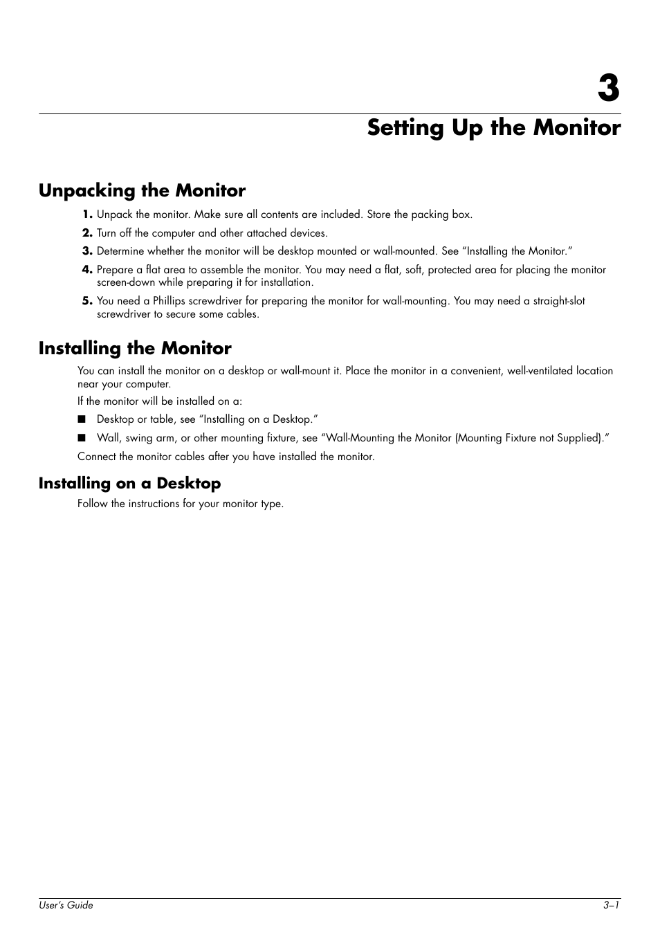 Setting up the monitor, Unpacking the monitor, Installing the monitor | Installing on a desktop, 3 setting up the monitor, Unpacking the monitor –1 installing the monitor –1, Installing on a desktop –1 | HP w2216h 21.6 inch Widescreen LCD Monitor User Manual | Page 11 / 56