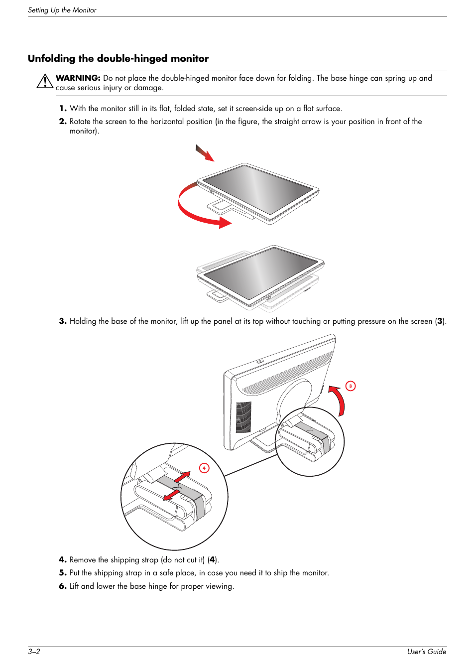 Unfolding the double-hinged monitor, Unfolding the double-hinged monitor –2 | HP w2216h 21.6 inch Widescreen LCD Monitor User Manual | Page 12 / 56