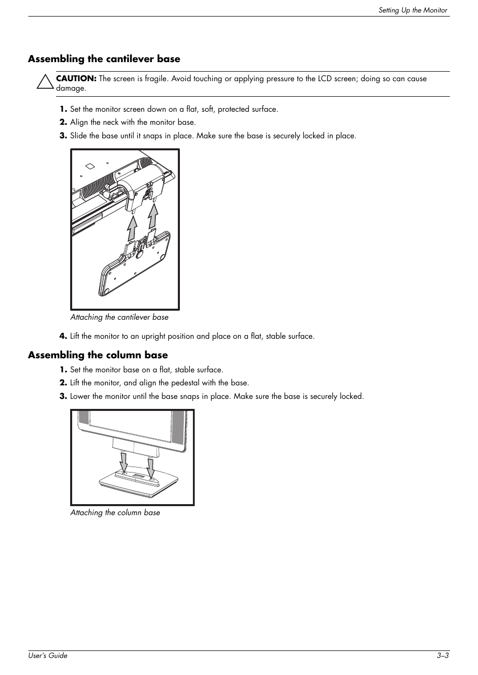 Assembling the cantilever base, Assembling the column base | HP w2216h 21.6 inch Widescreen LCD Monitor User Manual | Page 13 / 56