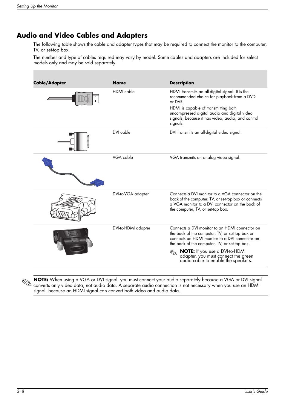 Audio and video cables and adapters, Audio and video cables and adapters –8 | HP w2216h 21.6 inch Widescreen LCD Monitor User Manual | Page 18 / 56