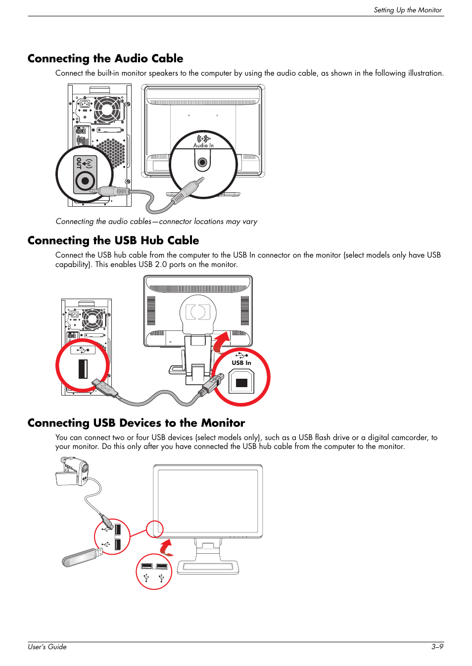 Connecting the audio cable, Connecting the usb hub cable, Connecting usb devices to the monitor | HP w2216h 21.6 inch Widescreen LCD Monitor User Manual | Page 19 / 56
