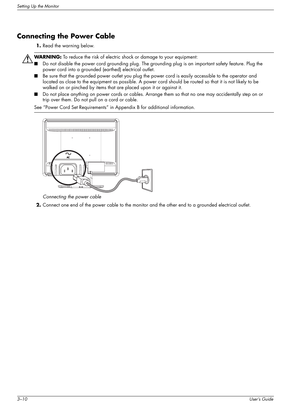 Connecting the power cable, Connecting the power cable –10 | HP w2216h 21.6 inch Widescreen LCD Monitor User Manual | Page 20 / 56