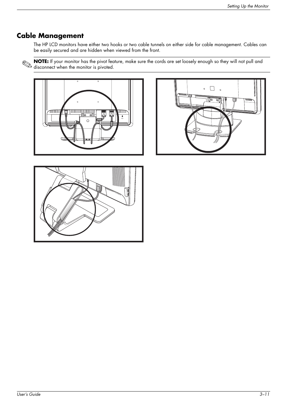 Cable management, Cable management –11 | HP w2216h 21.6 inch Widescreen LCD Monitor User Manual | Page 21 / 56