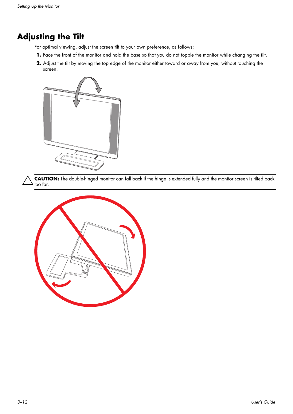Adjusting the tilt, Adjusting the tilt –12 | HP w2216h 21.6 inch Widescreen LCD Monitor User Manual | Page 22 / 56