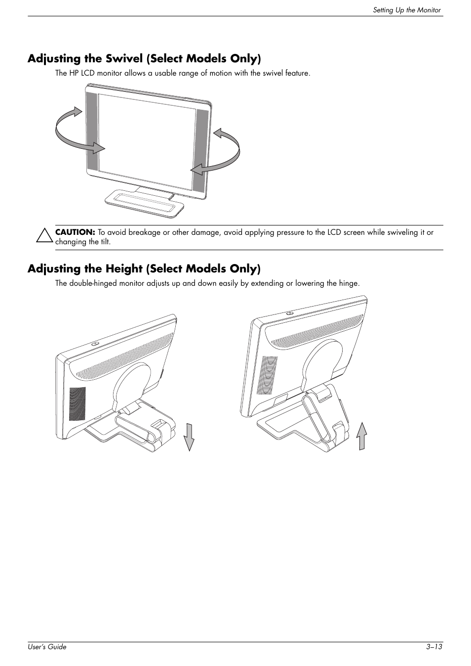 Adjusting the swivel (select models only), Adjusting the height (select models only) | HP w2216h 21.6 inch Widescreen LCD Monitor User Manual | Page 23 / 56
