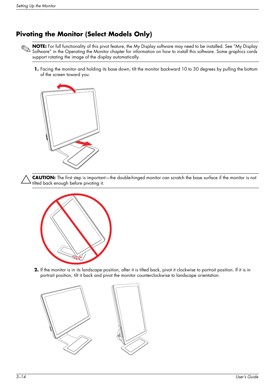 Pivoting the monitor (select models only), Pivoting the monitor (select models only) –14 | HP w2216h 21.6 inch Widescreen LCD Monitor User Manual | Page 24 / 56