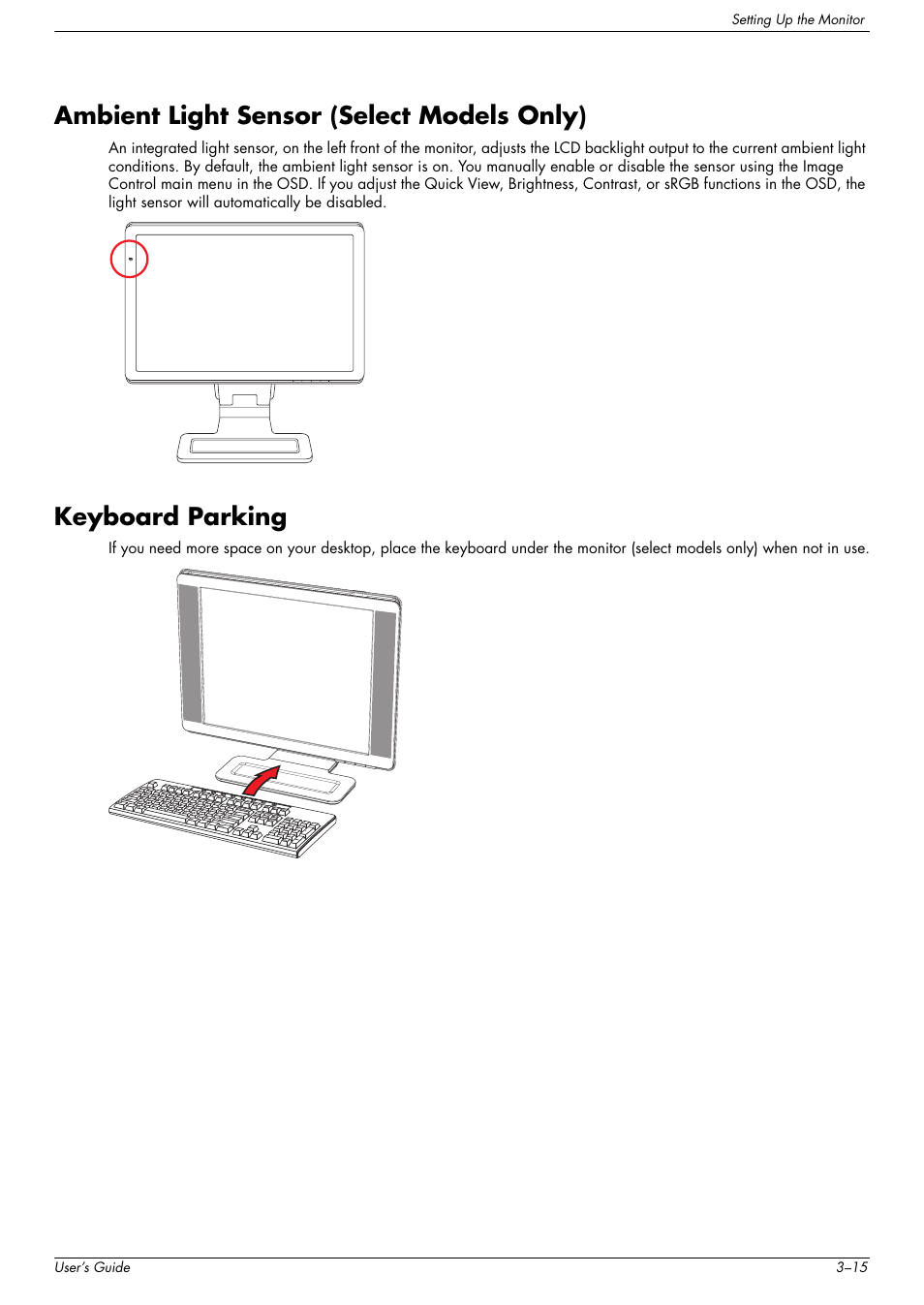 Ambient light sensor (select models only), Keyboard parking | HP w2216h 21.6 inch Widescreen LCD Monitor User Manual | Page 25 / 56