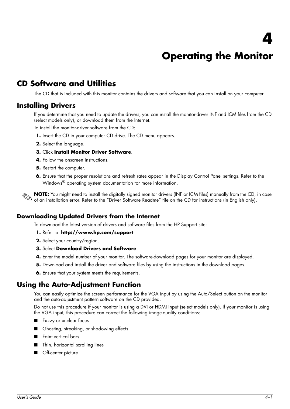 Operating the monitor, Cd software and utilities, Installing drivers | Downloading updated drivers from the internet, Using the auto-adjustment function, 4 operating the monitor, Cd software and utilities –1, Installing drivers –1, Downloading updated drivers from the internet –1, Using the auto-adjustment function –1 | HP w2216h 21.6 inch Widescreen LCD Monitor User Manual | Page 27 / 56