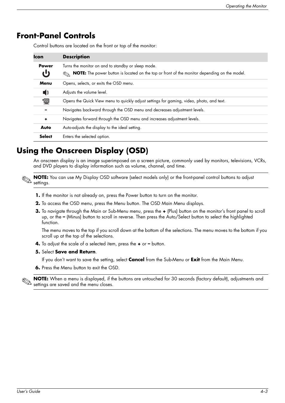 Front-panel controls, Using the onscreen display (osd) | HP w2216h 21.6 inch Widescreen LCD Monitor User Manual | Page 29 / 56
