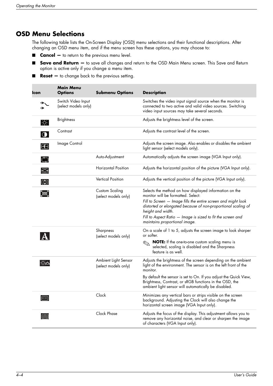 Osd menu selections, Osd menu selections –4 | HP w2216h 21.6 inch Widescreen LCD Monitor User Manual | Page 30 / 56