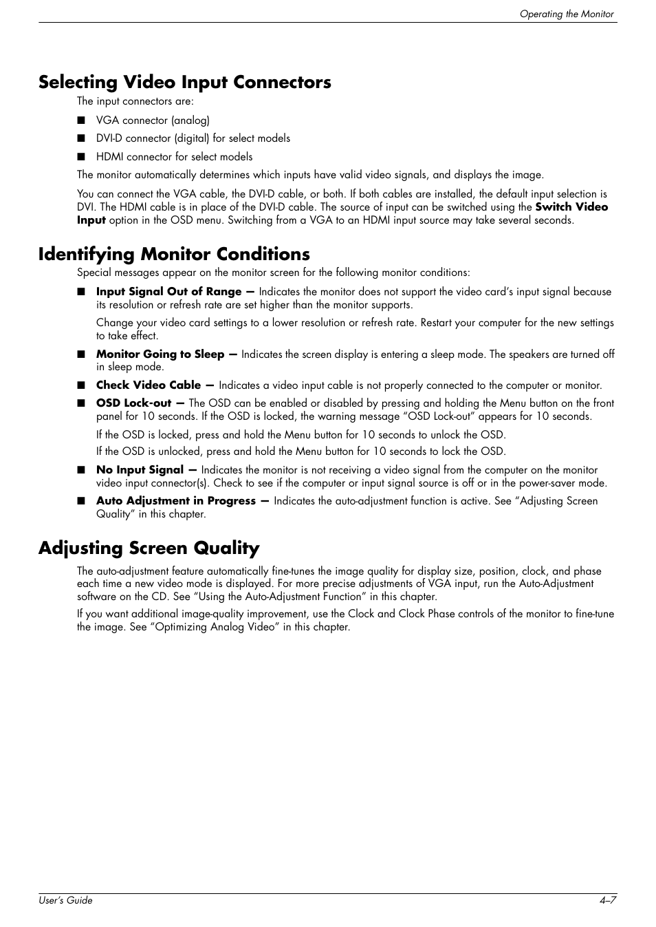 Selecting video input connectors, Identifying monitor conditions, Adjusting screen quality | HP w2216h 21.6 inch Widescreen LCD Monitor User Manual | Page 33 / 56