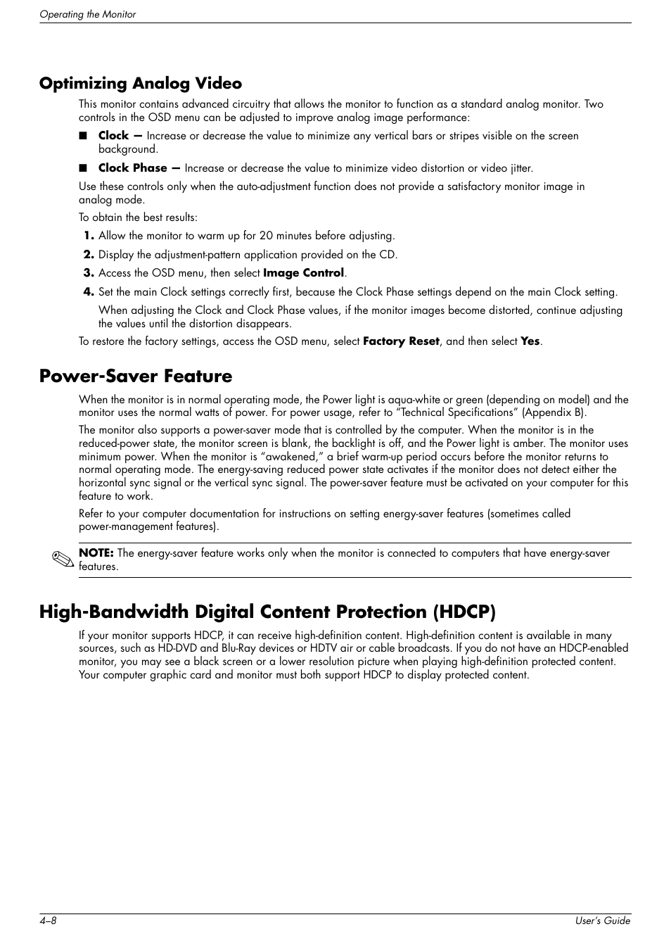 Optimizing analog video, Power-saver feature, High-bandwidth digital content protection (hdcp) | Optimizing analog video –8 | HP w2216h 21.6 inch Widescreen LCD Monitor User Manual | Page 34 / 56