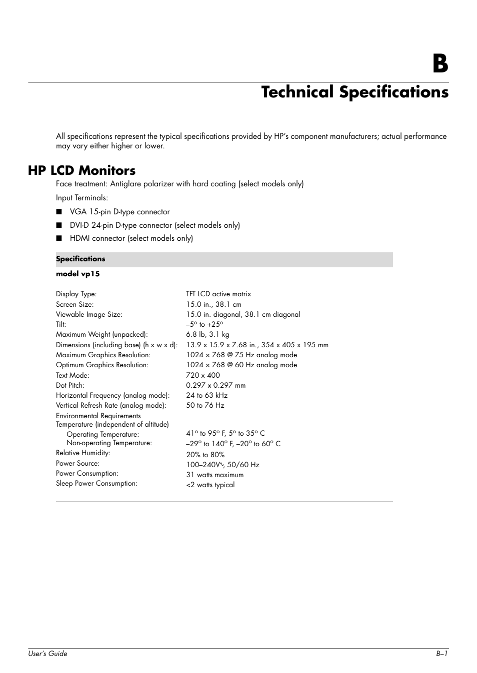 Technical specifications, Hp lcd monitors, B technical specifications | HP w2216h 21.6 inch Widescreen LCD Monitor User Manual | Page 41 / 56