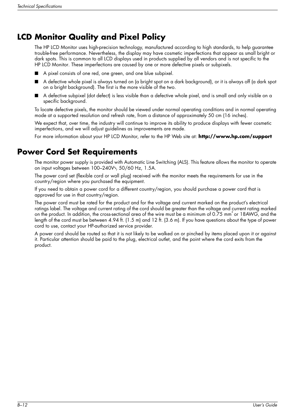 Lcd monitor quality and pixel policy, Power cord set requirements | HP w2216h 21.6 inch Widescreen LCD Monitor User Manual | Page 52 / 56