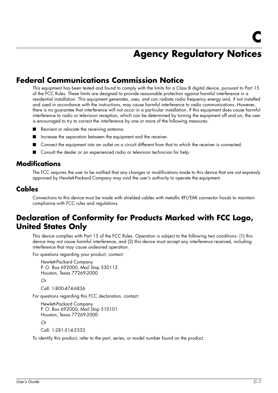 Agency regulatory notices, Federal communications commission notice, Modifications | Cables, C agency regulatory notices | HP w2216h 21.6 inch Widescreen LCD Monitor User Manual | Page 53 / 56