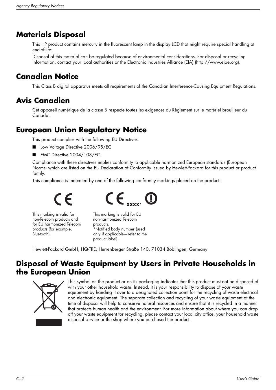 Materials disposal, Canadian notice, Avis canadien | European union regulatory notice | HP w2216h 21.6 inch Widescreen LCD Monitor User Manual | Page 54 / 56