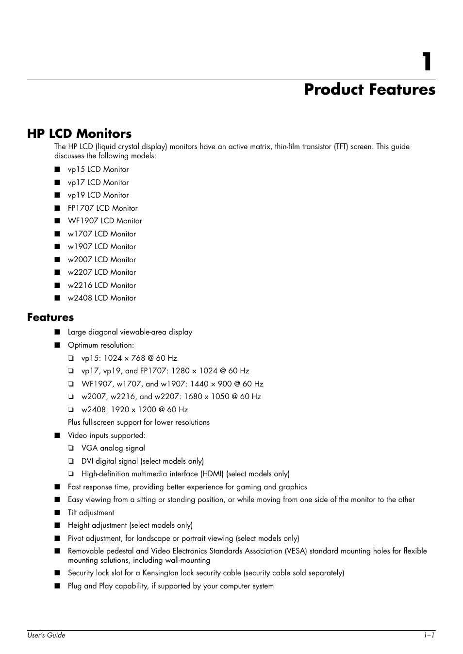 Product features, Hp lcd monitors, Features | 1 product features, Hp lcd monitors –1, Features –1 | HP w2216h 21.6 inch Widescreen LCD Monitor User Manual | Page 7 / 56