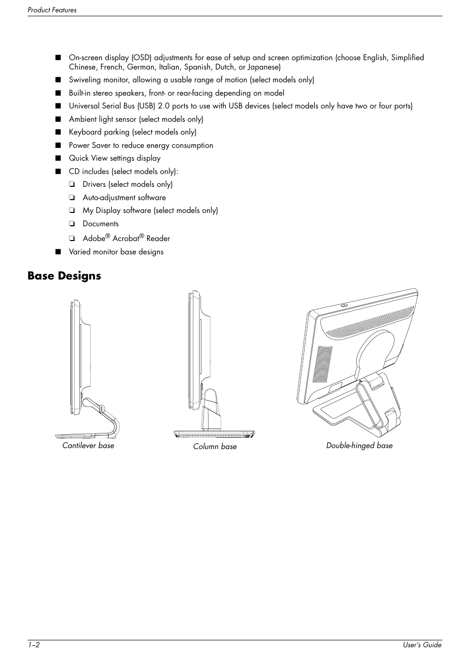 Base designs, Base designs –2 | HP w2216h 21.6 inch Widescreen LCD Monitor User Manual | Page 8 / 56