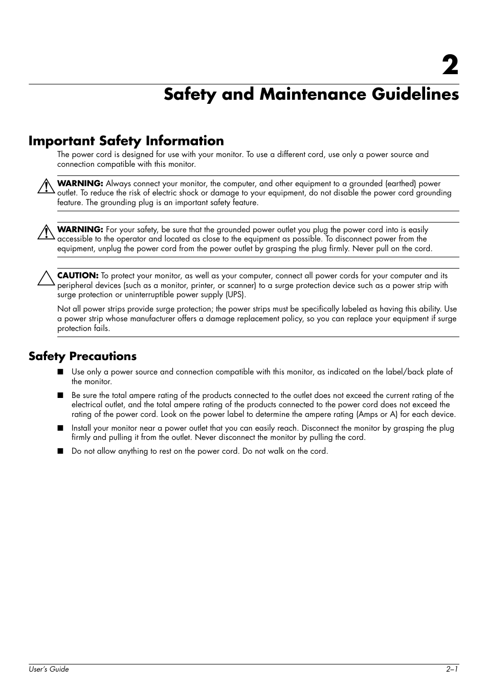 Safety and maintenance guidelines, Important safety information, Safety precautions | 2 safety and maintenance guidelines, Important safety information –1, Safety precautions –1 | HP w2216h 21.6 inch Widescreen LCD Monitor User Manual | Page 9 / 56
