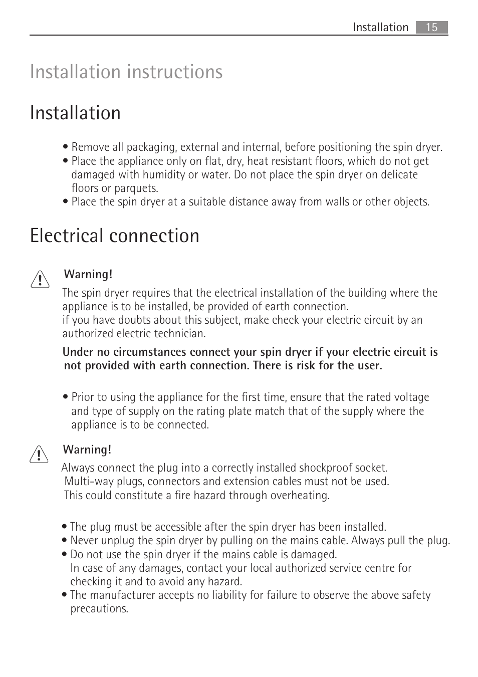 Installation instructions installation, Electrical connection | AEG SV5028 User Manual | Page 15 / 98