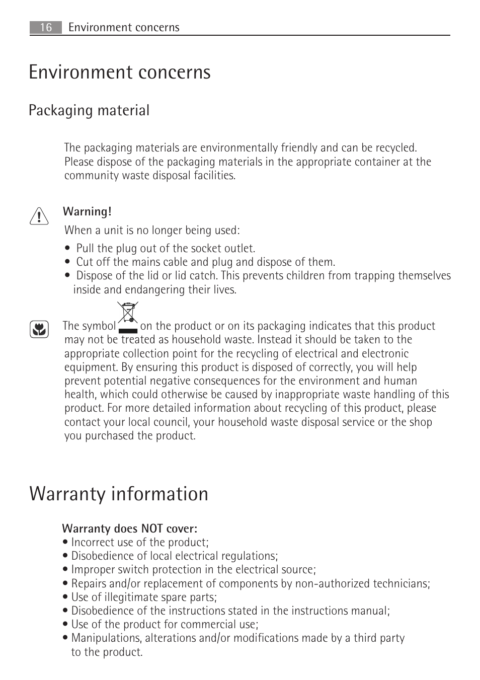 Warranty information, Environment concerns, Packaging material | AEG SV5028 User Manual | Page 16 / 98