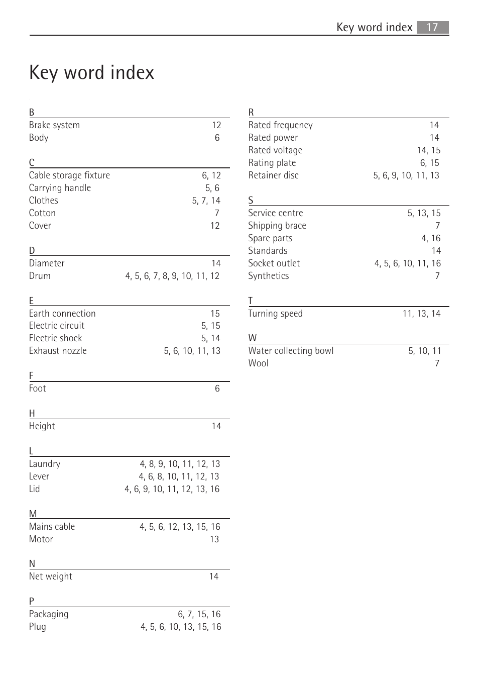 Key word index | AEG SV5028 User Manual | Page 17 / 98