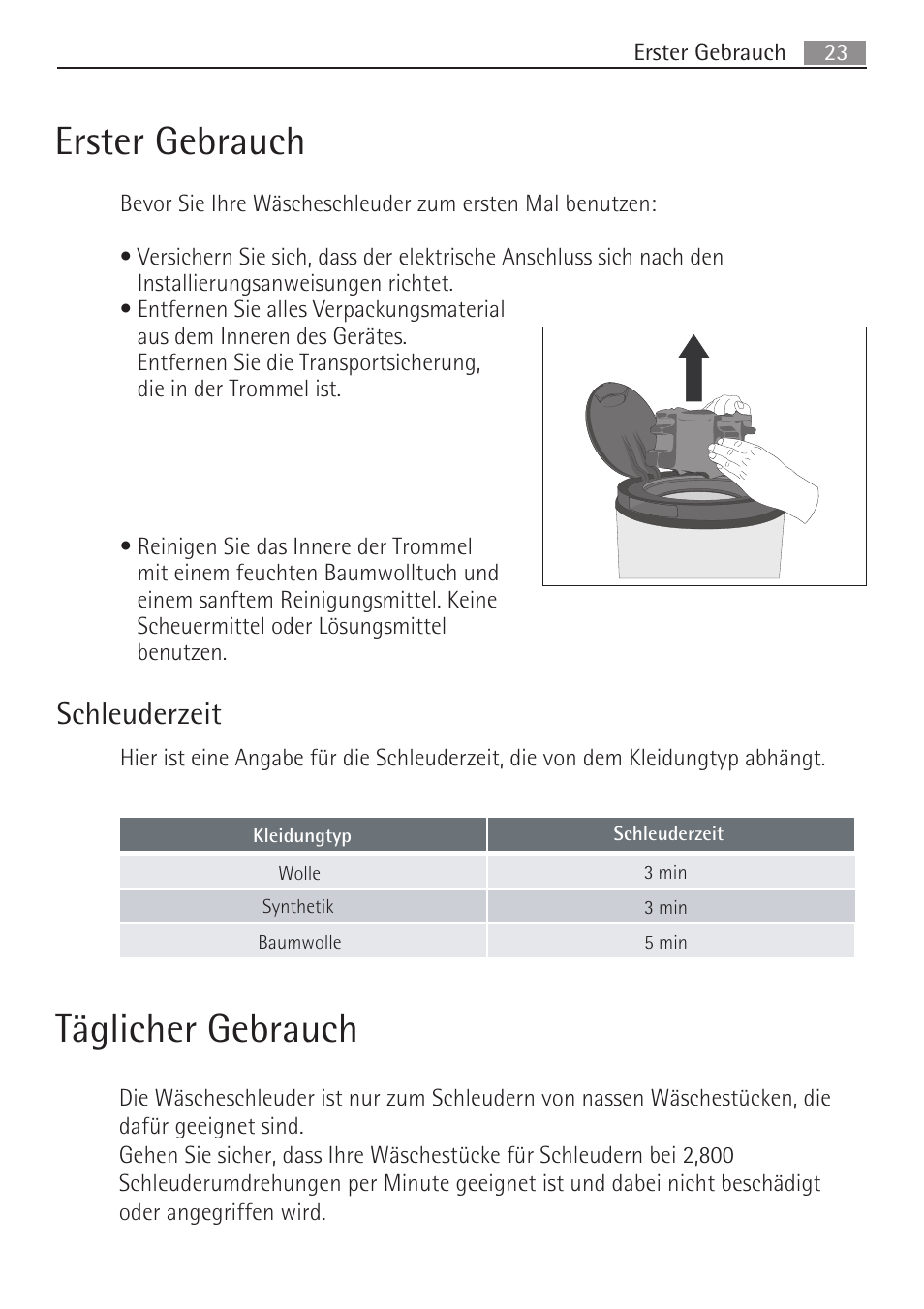 Erster gebrauch, Täglicher gebrauch, Schleuderzeit | AEG SV5028 User Manual | Page 23 / 98