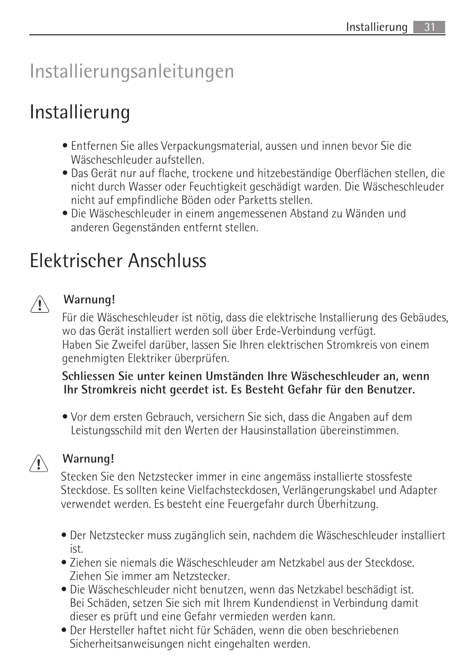 Installierungsanleitungen installierung, Elektrischer anschluss | AEG SV5028 User Manual | Page 31 / 98