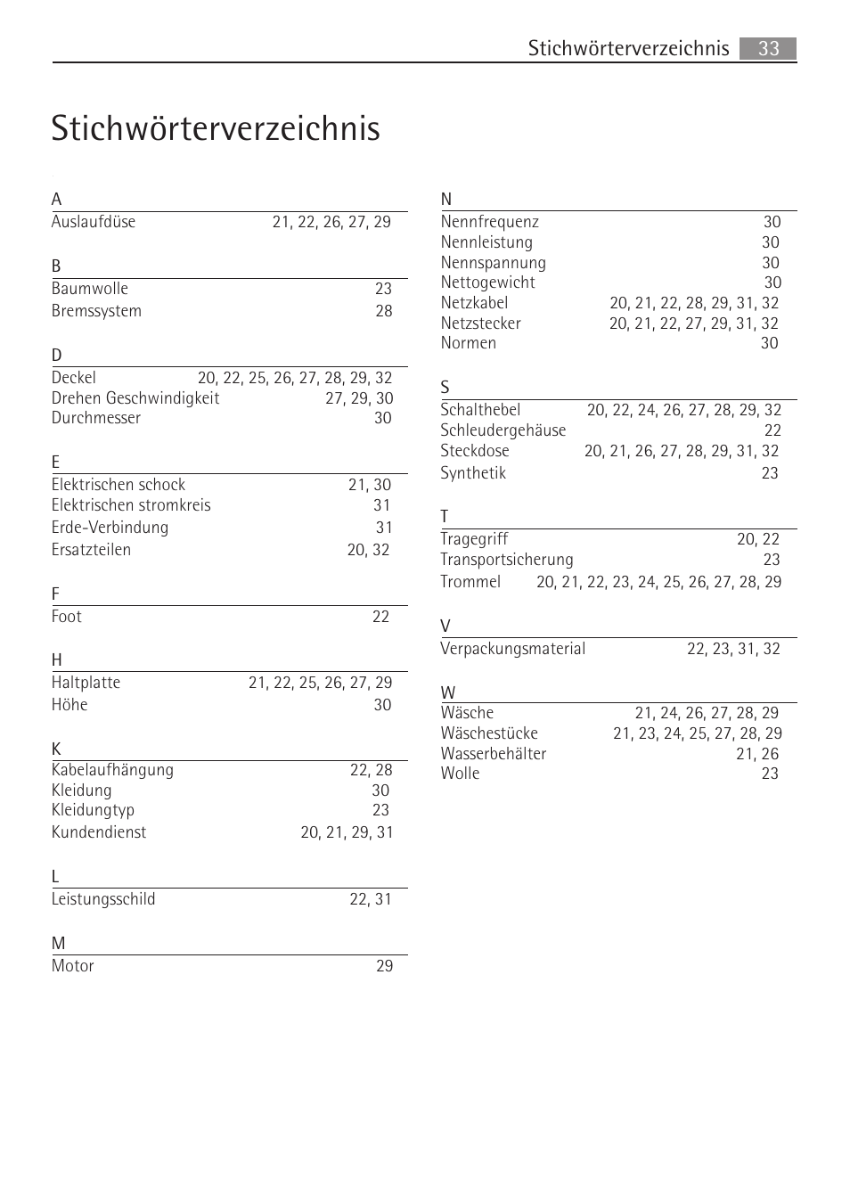 Stichwörterverzeichnis | AEG SV5028 User Manual | Page 33 / 98