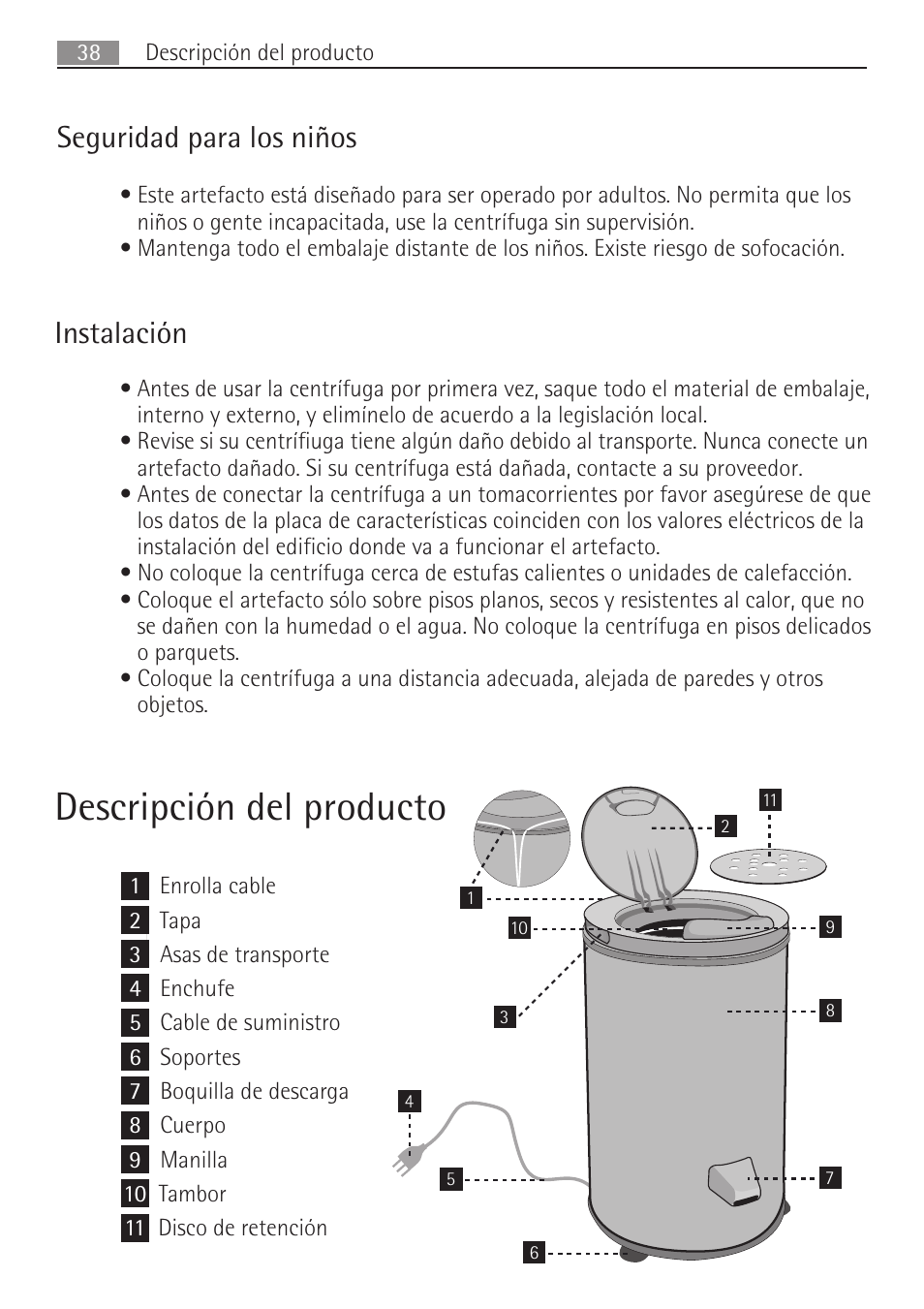 Descripción del producto, Seguridad para los niños, Instalación | AEG SV5028 User Manual | Page 38 / 98