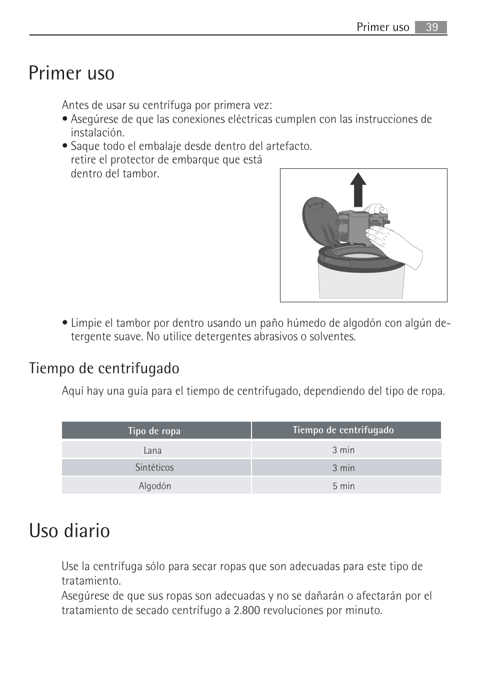 Primer uso, Uso diario, Tiempo de centrifugado | AEG SV5028 User Manual | Page 39 / 98
