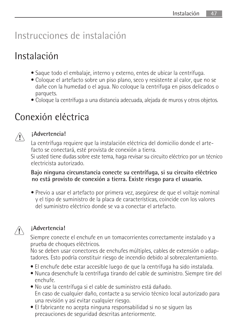 Instrucciones de instalación instalación, Conexión eléctrica | AEG SV5028 User Manual | Page 47 / 98