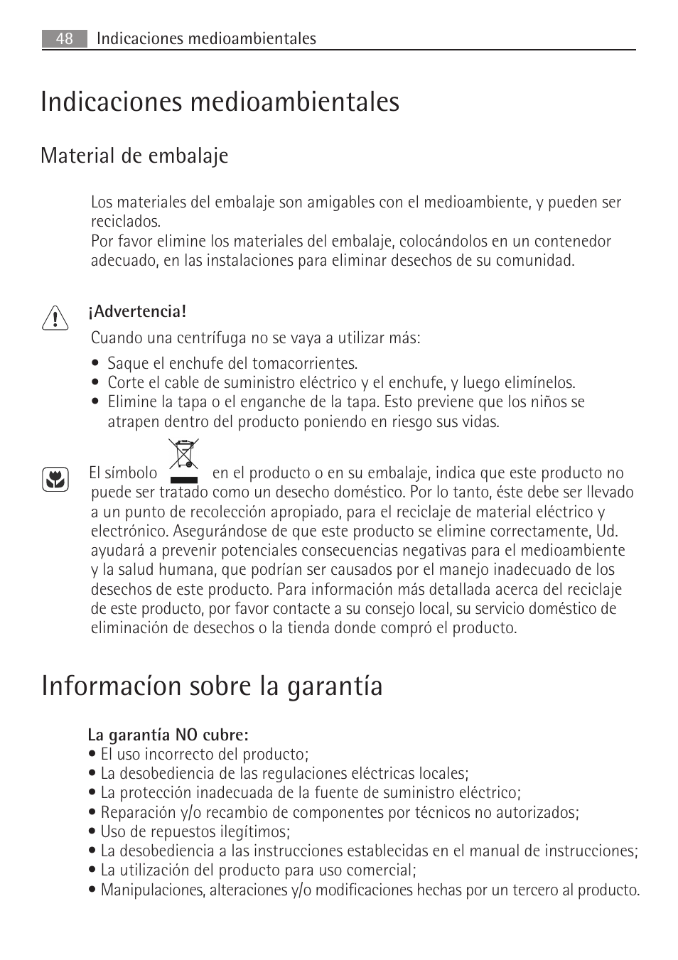 Informacíon sobre la garantía, Indicaciones medioambientales, Material de embalaje | AEG SV5028 User Manual | Page 48 / 98